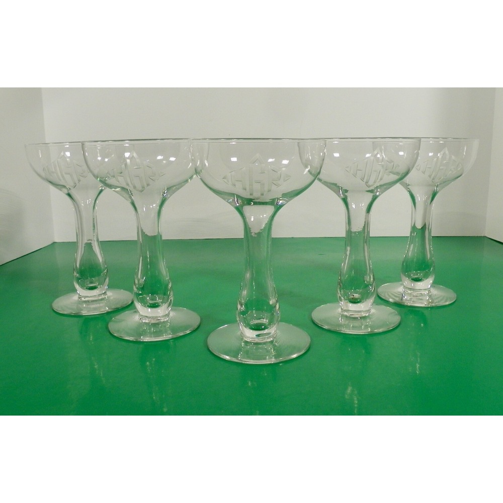 5 Hollow Stem Champagne Coupe Glasses Etched Monogram HGR Wedding Toasts
